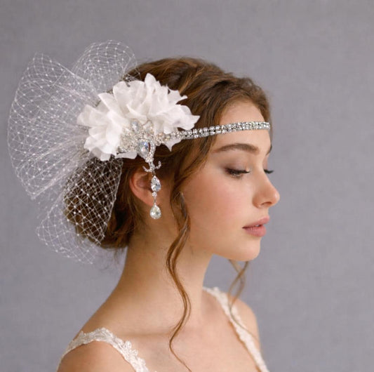 Crystal Bridal Fascinator Headband with Petals & French Netting – Vintage Wedding Hairpiece