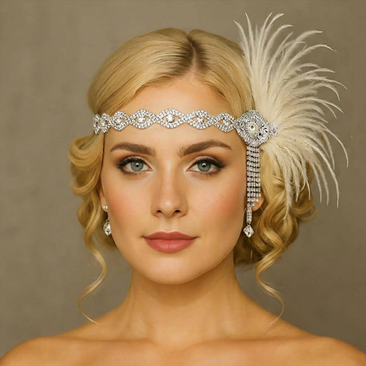 1920s Gatsby Inspired Rhinestone and Feather Bridal Headpiece - Vintage Flapper Wedding Hair Accessory