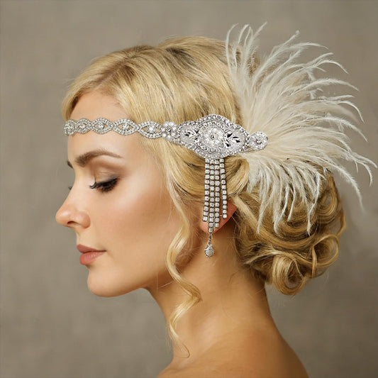 1920s Gatsby Inspired Rhinestone and Feather Bridal Headpiece - Vintage Flapper Wedding Hair Accessory