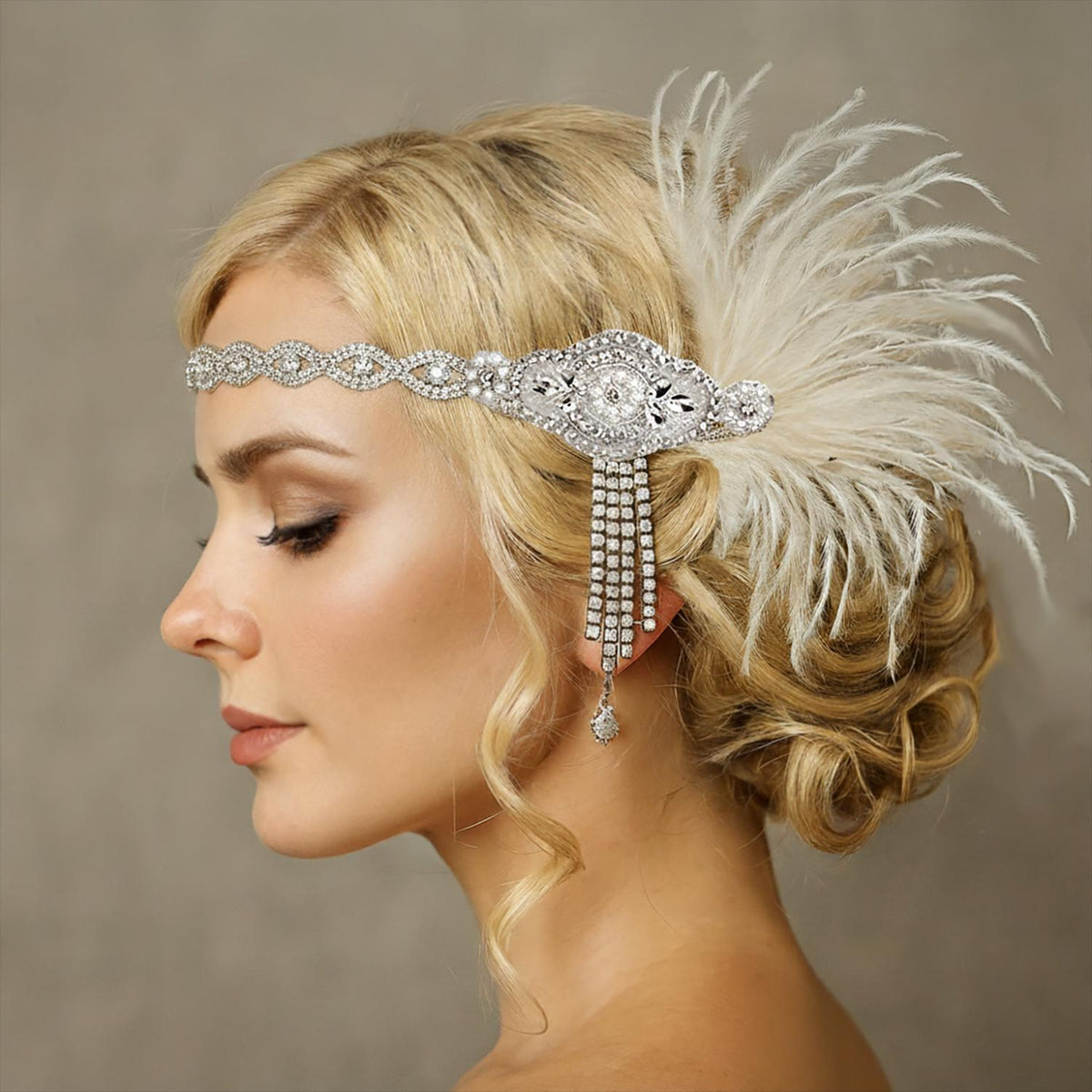 1920s Gatsby Inspired Rhinestone and Feather Bridal Headpiece - Vintage Flapper Wedding Hair Accessory