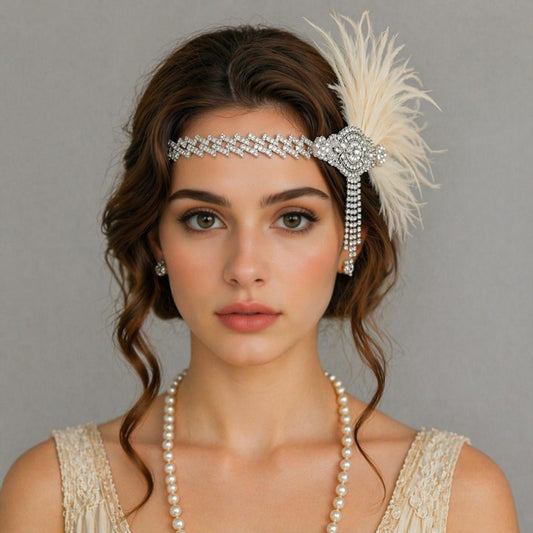 Gatsby Inspired Rhinestone and Feather Bridal Headpiece - Vintage Flapper Wedding Hair Accessory 1920s