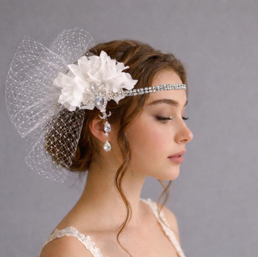 Crystal Bridal Fascinator Headband with Petals & French Netting – Vintage Wedding Hairpiece