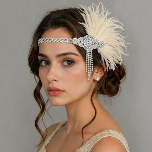 Gatsby Inspired Rhinestone and Feather Bridal Headpiece - Vintage Flapper Wedding Hair Accessory 1920s
