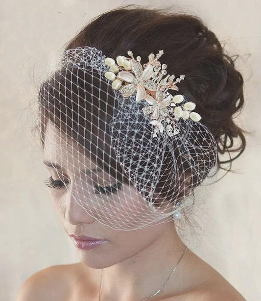 Crystal & Pearl Birdcage Veil: Gold, Rose Gold, or Silver Comb