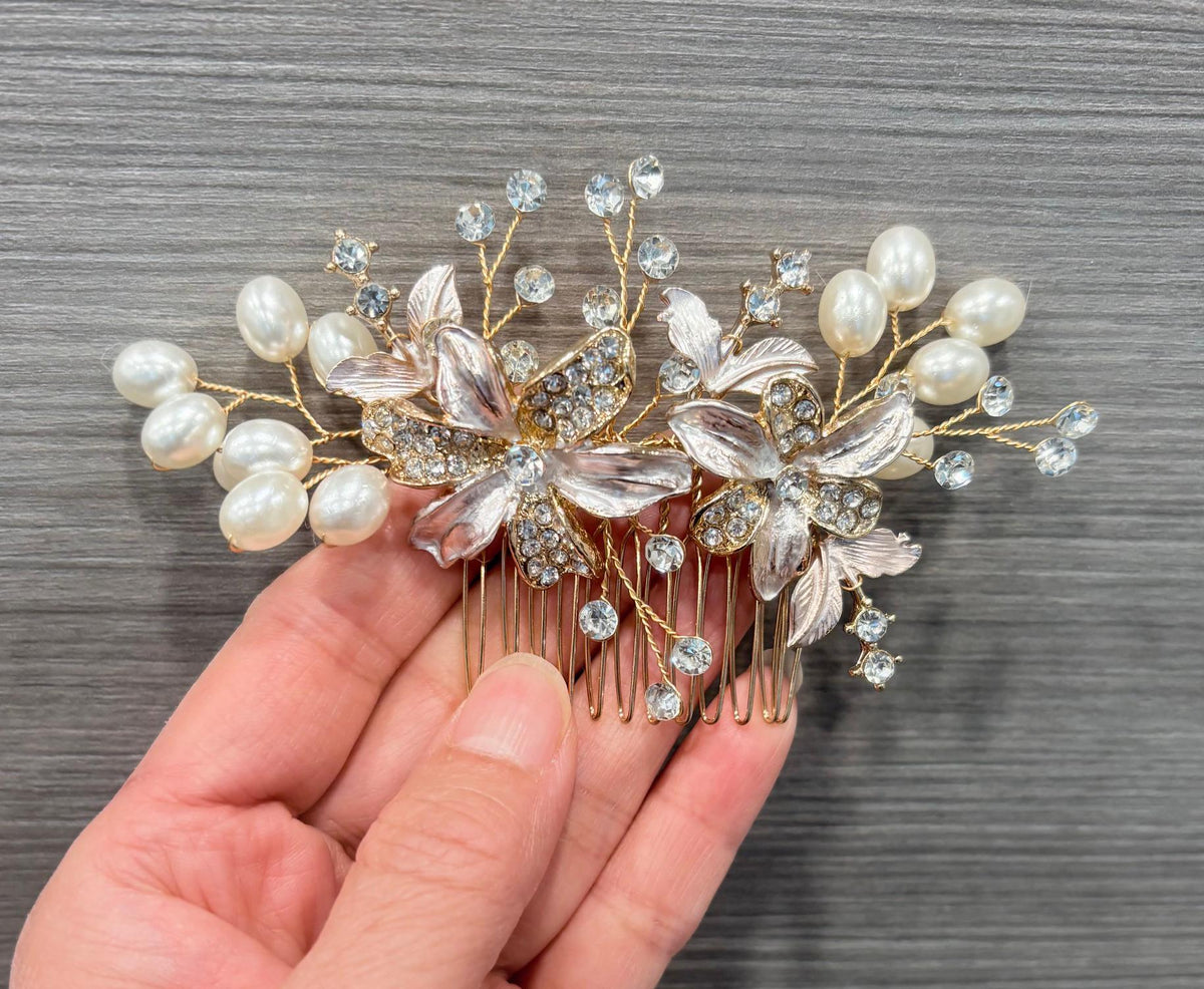 Crystal & Pearl Birdcage Veil: Gold, Rose Gold, or Silver Comb