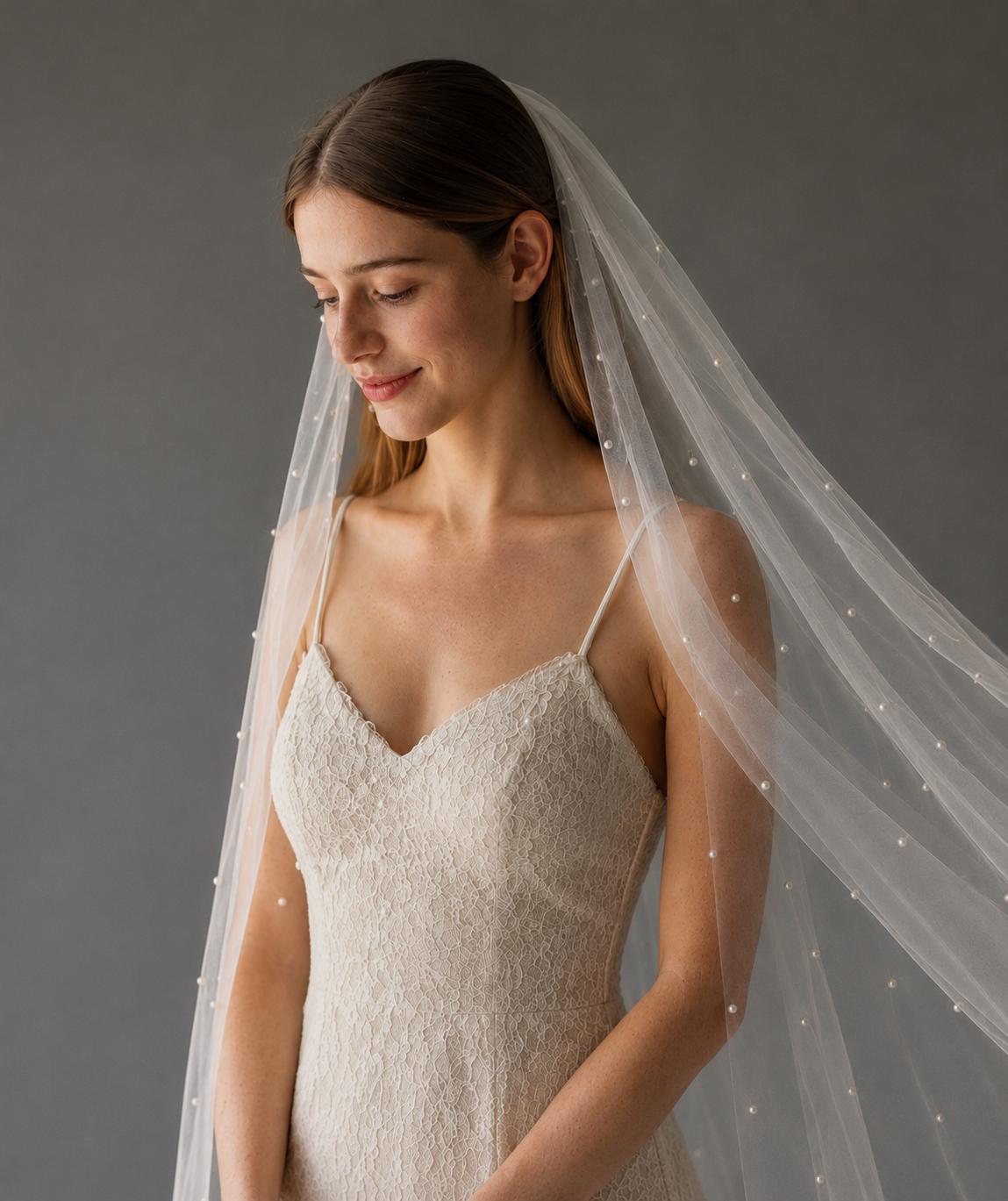 Fingertip Length Pearl Wedding Veil: Tulle Bridal Veil with Comb