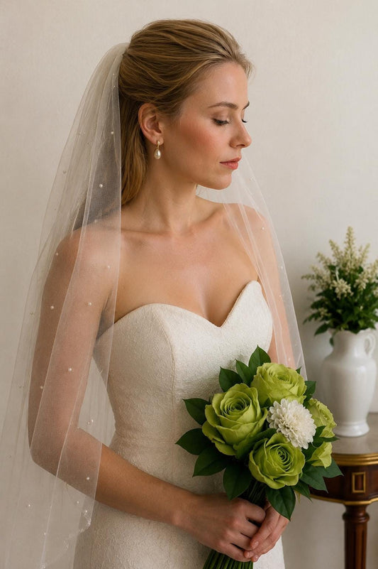 Fingertip Length Pearl Wedding Veil: Tulle Bridal Veil with Comb