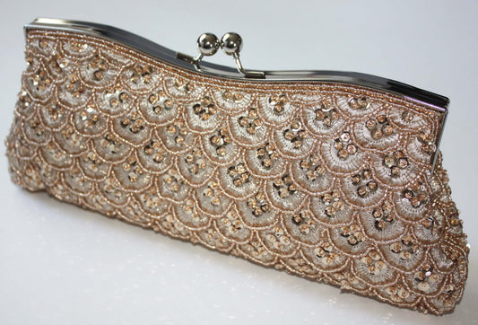Hand Beaded Champagne Satin Bridal Clutch with Optional Crystal Brooch