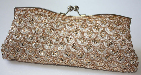 Hand Beaded Champagne Satin Bridal Clutch with Optional Crystal Brooch