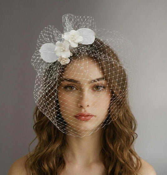 Ivory Birdcage Veil with Ceramic Flowers & Real Silver Leaves, Floral French Net Veil