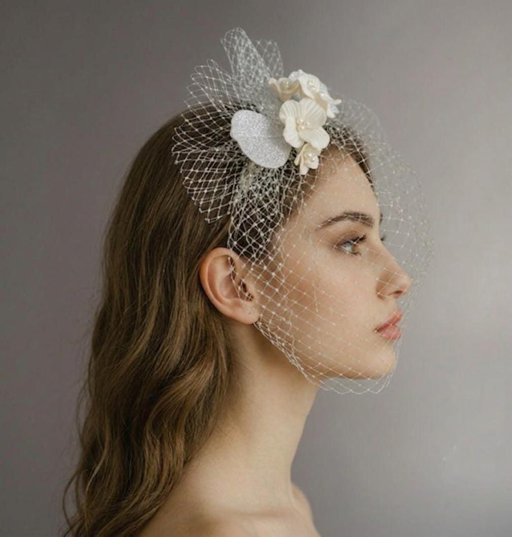 Ivory Birdcage Veil with Ceramic Flowers & Real Silver Leaves, Floral French Net Veil