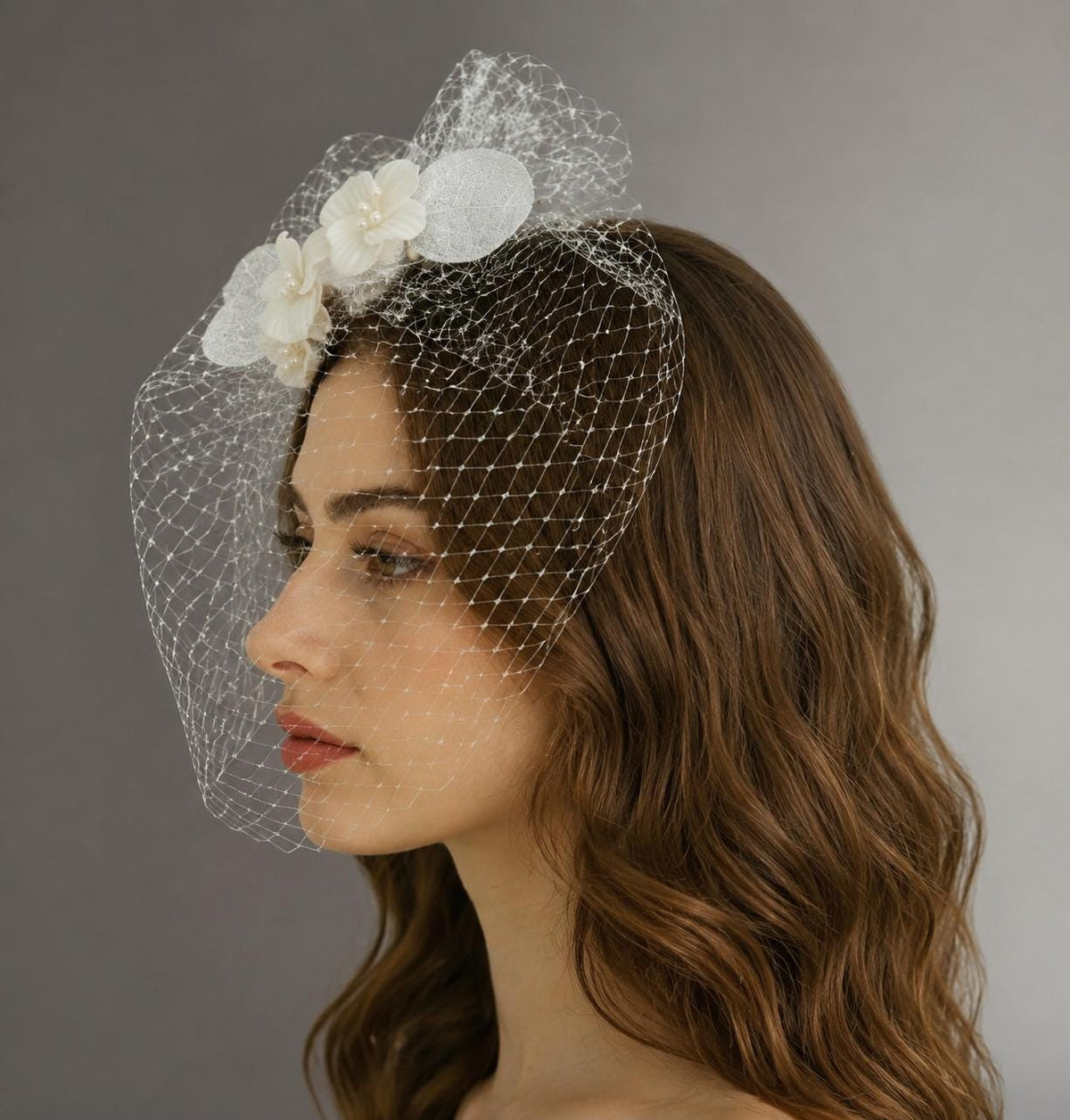 Ivory Birdcage Veil with Ceramic Flowers & Real Silver Leaves, Floral French Net Veil