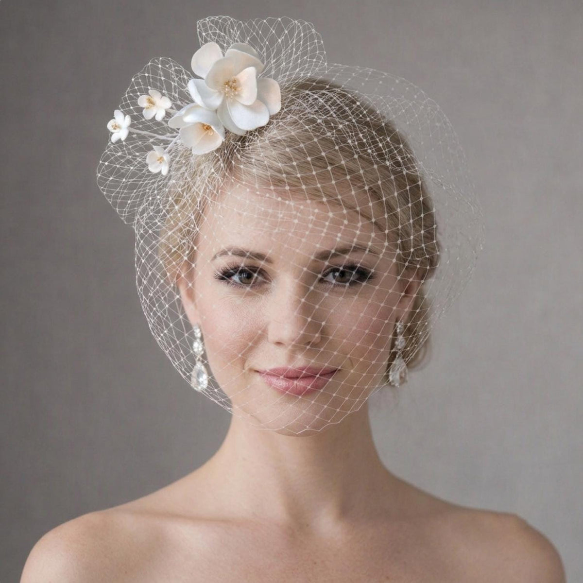 Floral Birdcage Veil with Ivory Flowers | Vintage Wedding | Bridal Face Veil