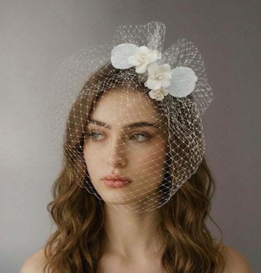 Ivory Birdcage Veil with Ceramic Flowers & Real Silver Leaves, Floral French Net Veil