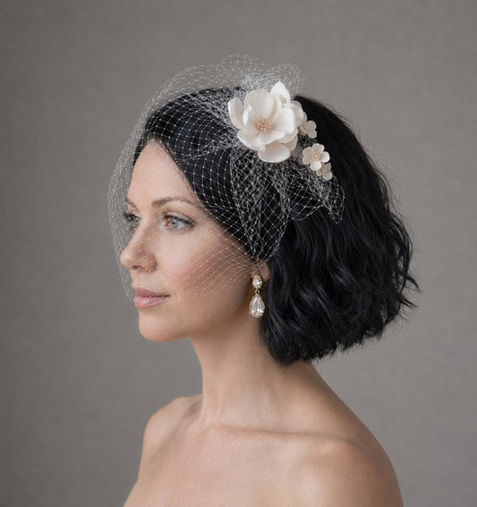 Floral Birdcage Veil with Ivory Flowers | Vintage Wedding | Bridal Face Veil