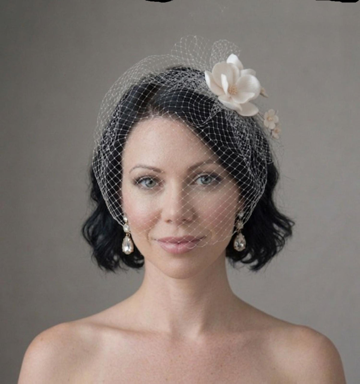 Floral Birdcage Veil with Ivory Flowers | Vintage Wedding | Bridal Face Veil
