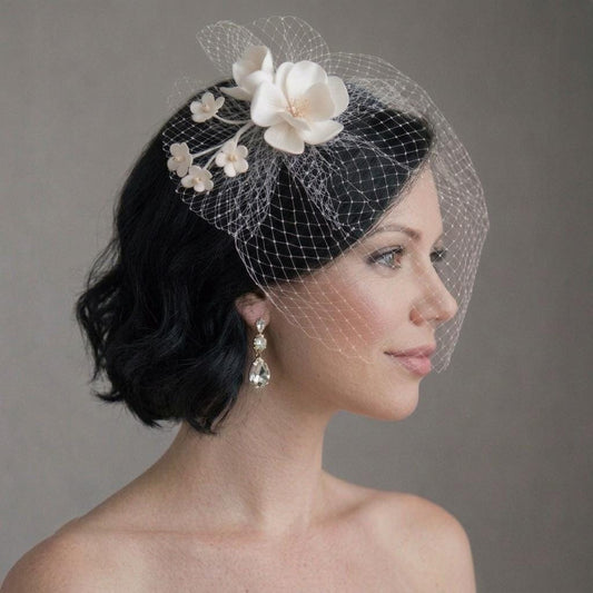 Floral Birdcage Veil with Ivory Flowers | Vintage Wedding | Bridal Face Veil