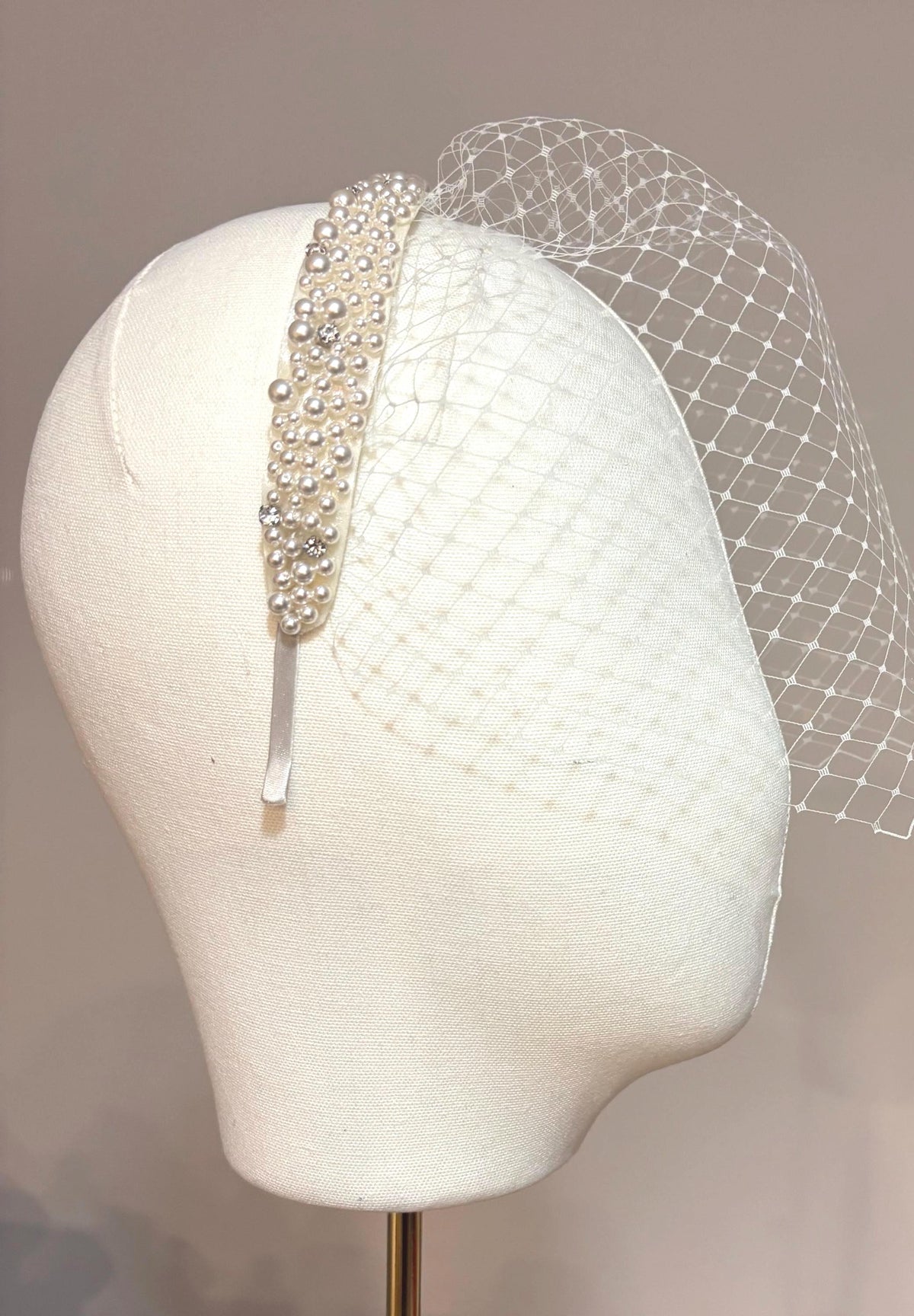 Pearl Accent Birdcage Veil Headband – Crystalized Pearls | Crossfire Style Bridal Headpiece | Custom Length Available