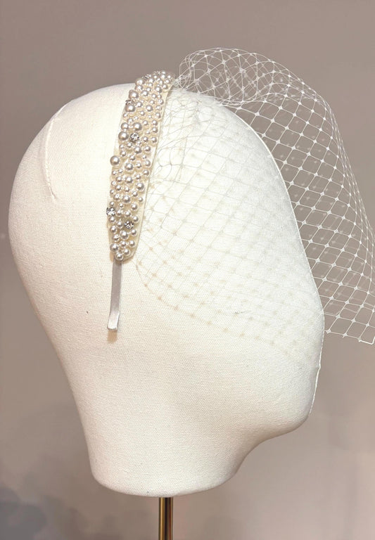 Pearl Accent Birdcage Veil Headband – Crystalized Pearls | Crossfire Style Bridal Headpiece | Custom Length Available